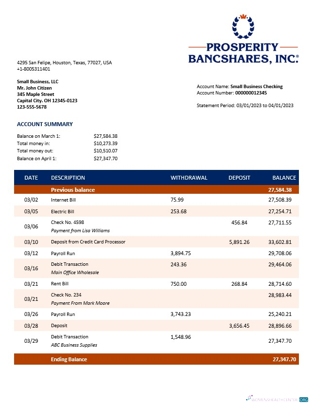 Prosperity Bancshares Inc company checking account statement Word and PDF template